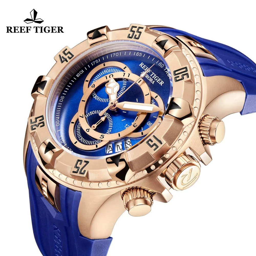 Мужские спортивные часы Reef Tiger/RT розовое золото синий цвет модные с резиновым