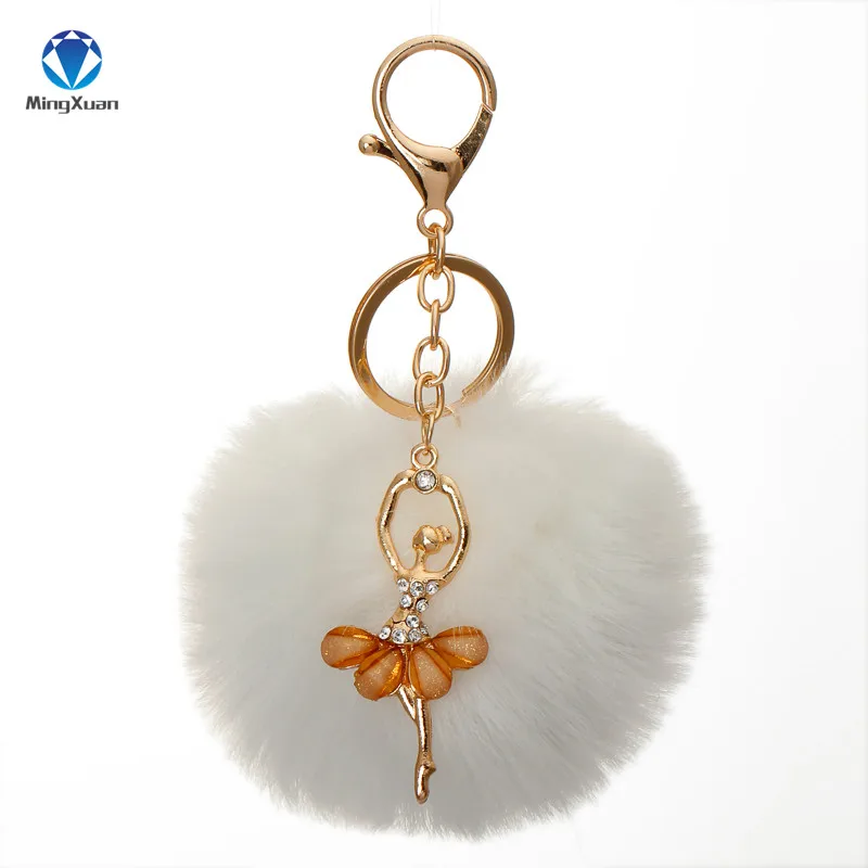 Помпон porte clef pompom de fourrure, цветные брелки из искусственного меха, пушистые Брелоки для ключей, балерина, помпон для девочек, брелок llavero - Цвет: White