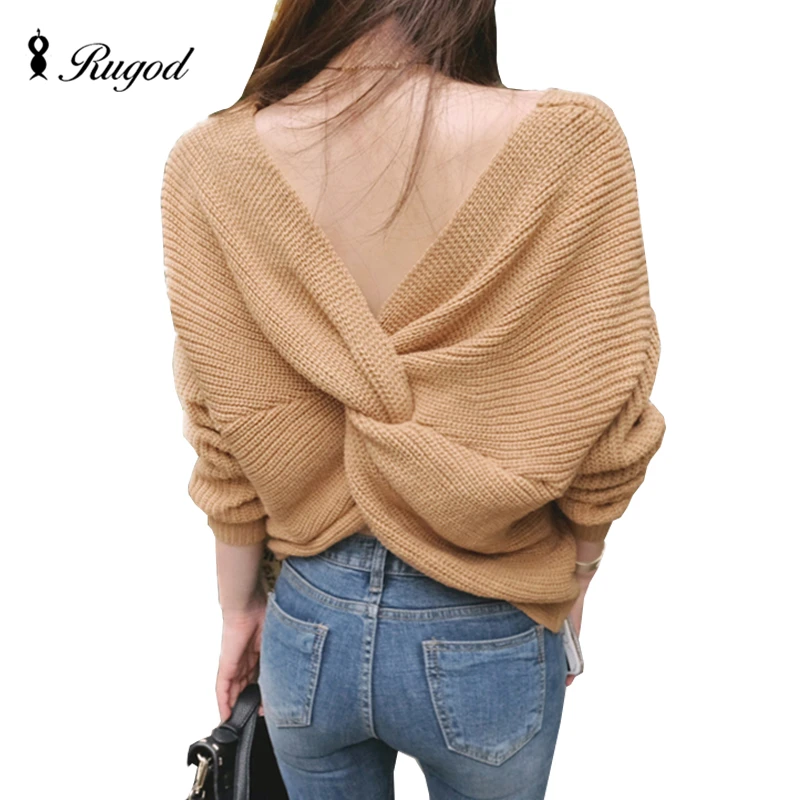 Rugod 2019 Sexy Backless Sweaters and pullovers Women Long Sleeve Jumpers Pull Femme V Neck Cross Back kimono | Женская одежда