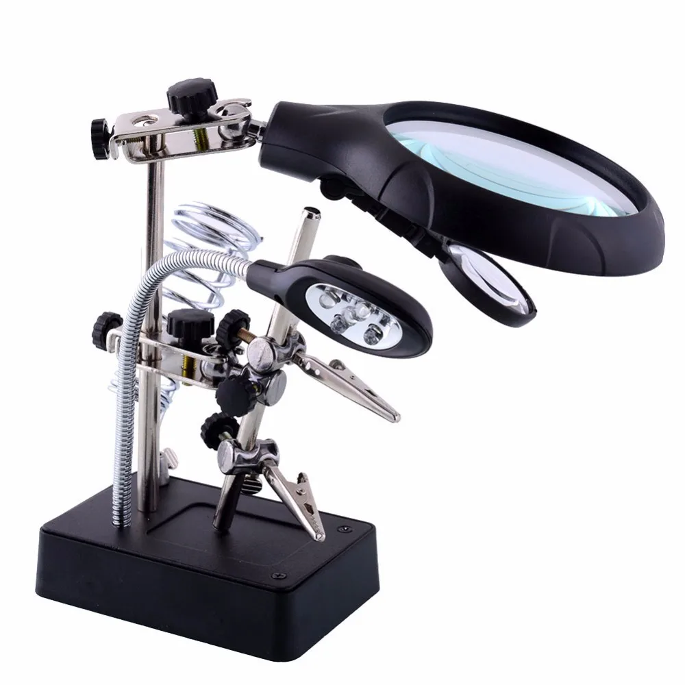 

New EU Plug,Welding Magnifying Glass 5 LED Auxiliary Clip Magnifier 3 In1 Hand Soldering Solder Iron Stand Holder Station
