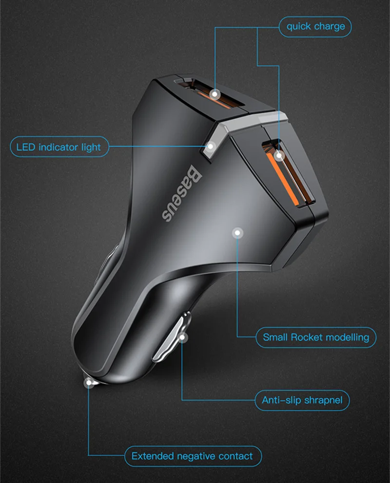 Baseus Quick Charge 3,0 Автомобильное зарядное устройство 5V3A QC3.0 турбо быстрая зарядка автомобильное зарядное устройство двойной USB Автомобильное зарядное устройство для мобильного телефона для iPhone7 X