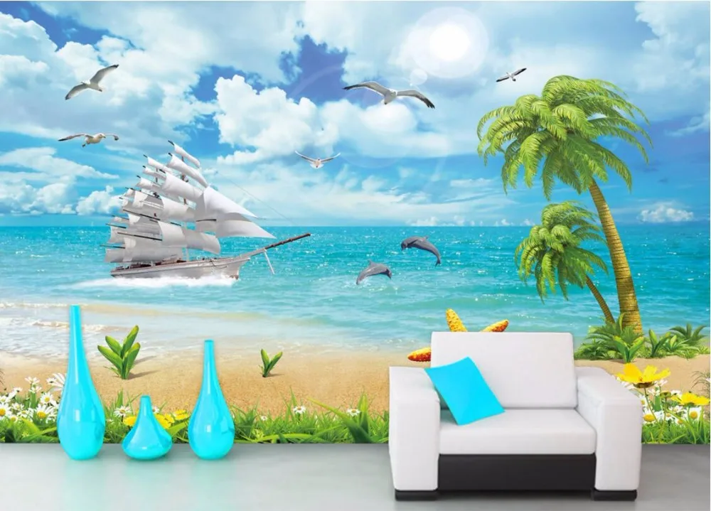 

Custom mural 3d wallpaper Dolphins coconut boat scenery home decor painting 3d wall murals wallpaper for living room walls 3 d