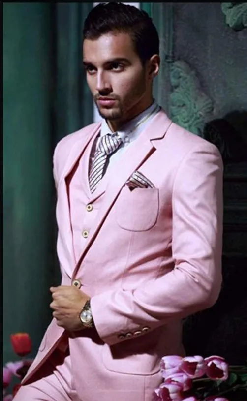 Custom Made Handsome One Button Pink Groom Tuxedos Notch Lapel Best Man Groomsman Men Wedding Suits ( jacket+Pants+vest+tie)