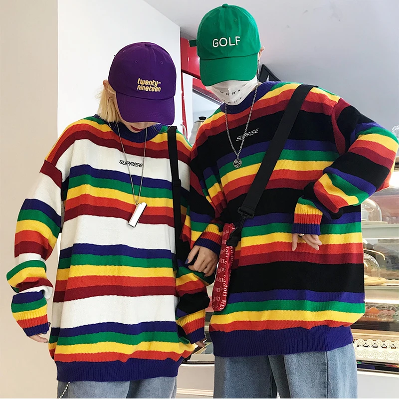 

2019 Spring autumn Large size Rainbow striped sweater Harajuku Letter printing Long sleeve Warm sweater male Female cc242
