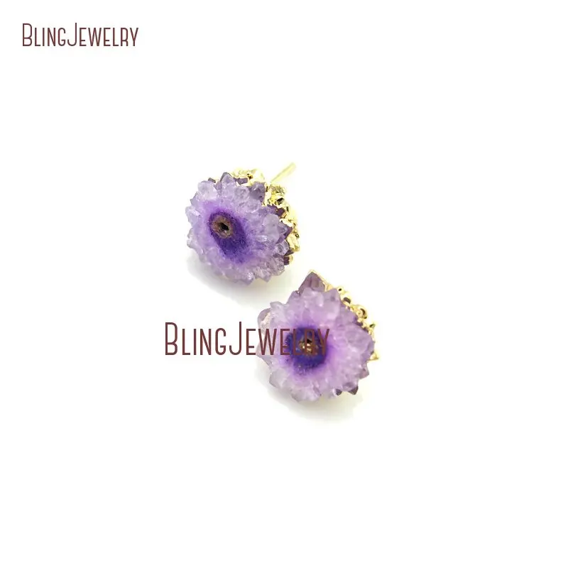 

Purple Lilac Crystal Quartz Stalactite Slice Druzy Studs Earrings ER1860