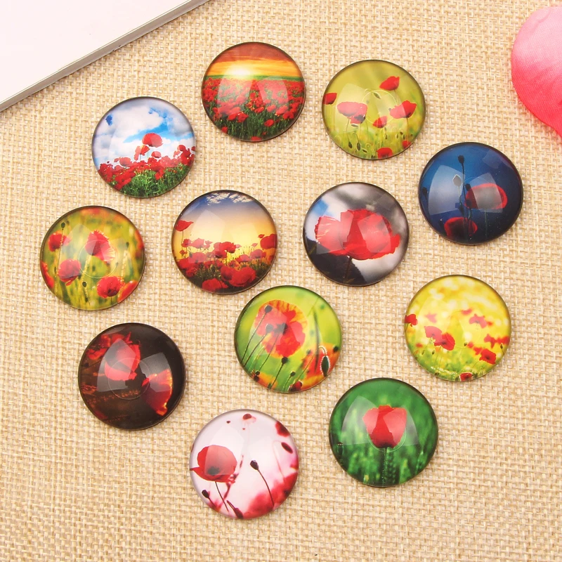 

reidgaller Round Poppy flower Glass Cabochon 10mm 12mm 14mm 18mm 20mm 25mm dome flatback photo cameo for jewelry necklace