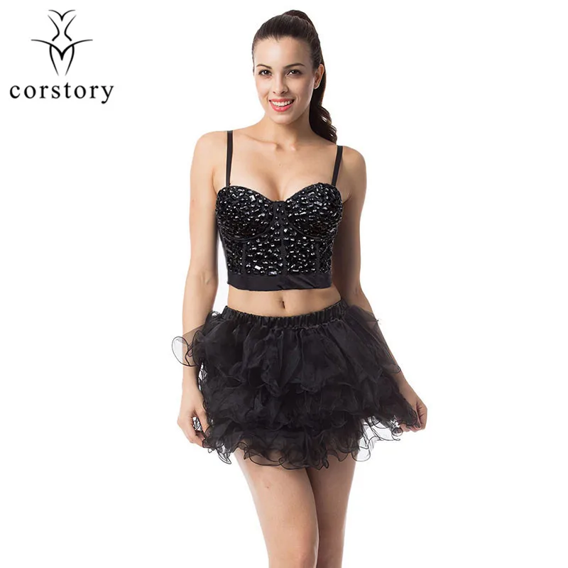Bra And Skirts Corstory сексуальный черный бисер панк готический пуш-ап бюстгальтер+ юбки Женский костюм танец живота Клубная одежда наборы бюстгальтеров - Цвет: Bra And Skirts