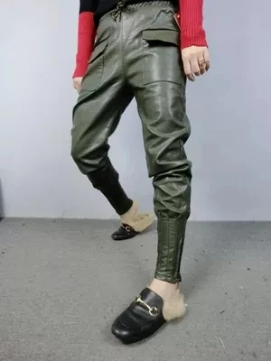 Женские шаровары из ПУ кожи с поясом свободного покроя|feet pants|pu leather pantsfashion harem pants |