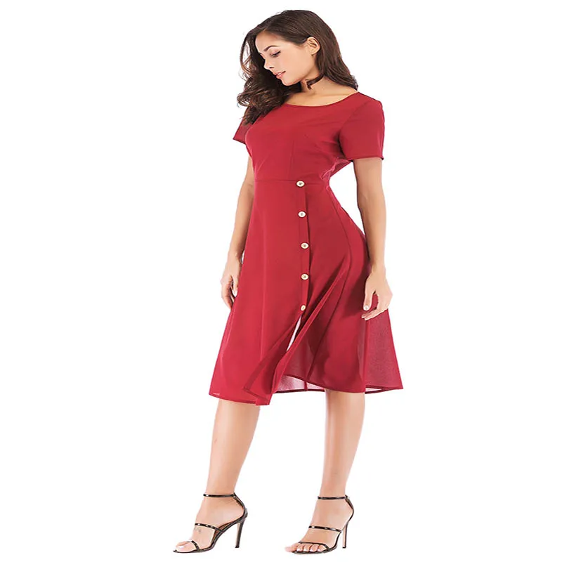 Красное шифоновое платье 2019 летнее с круглым вырезом формальное средней длины