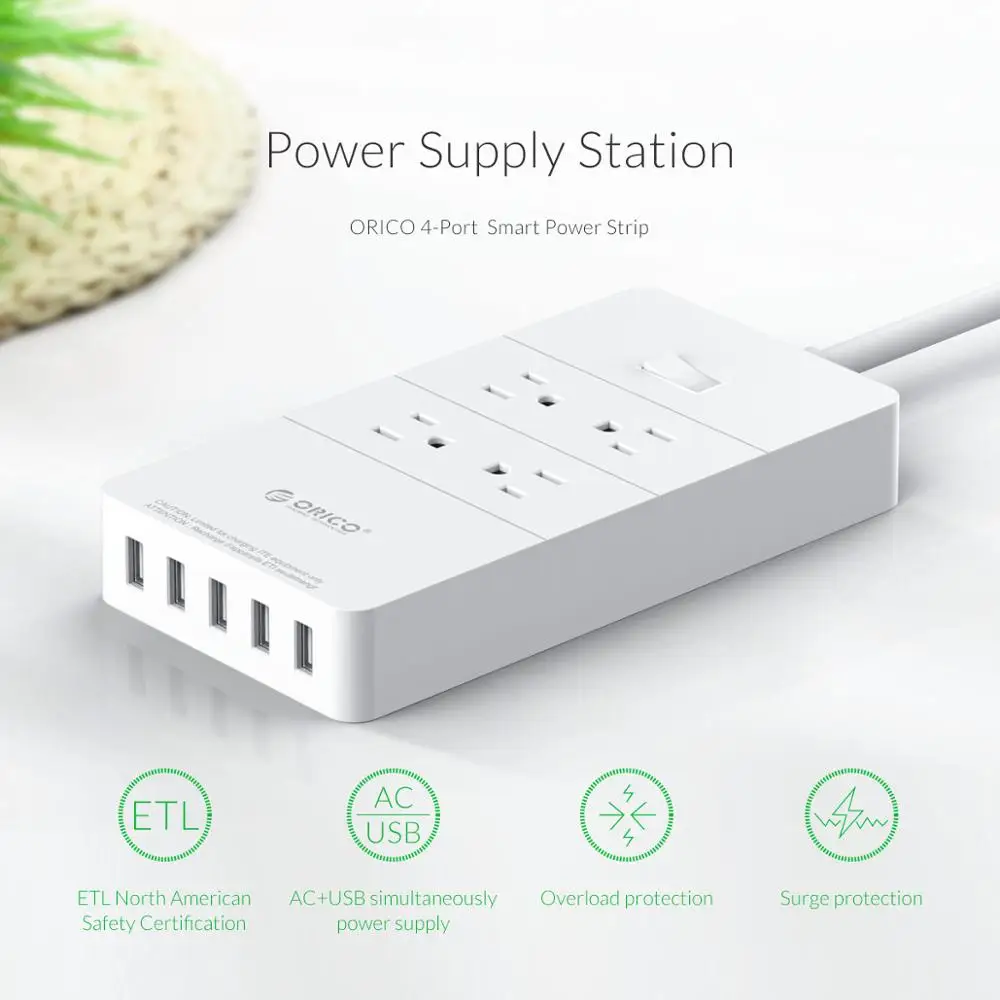 ORICO 4 AC Outlet Защита от перенапряжения с 5 USB зарядным портом и 1 QC2.0 стандарт США
