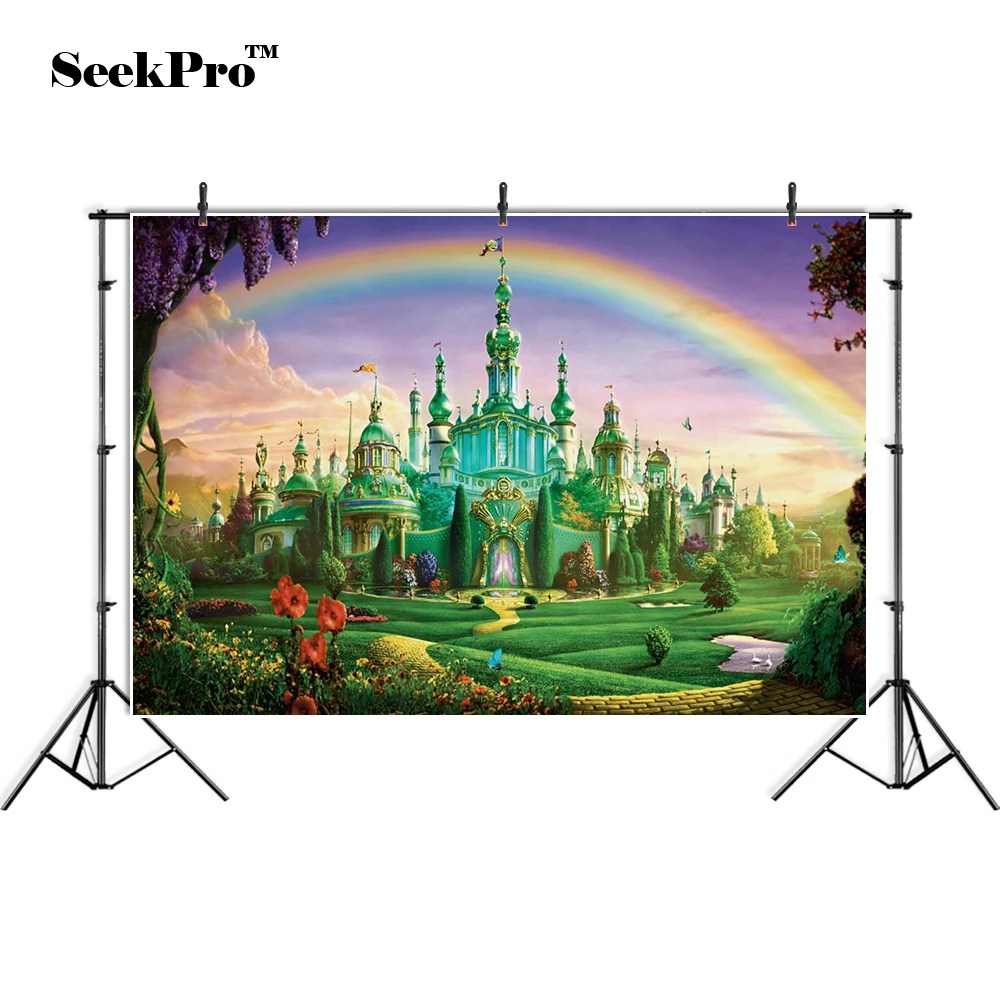 

SeekPro Fairy Tale Rainbow Castle Children Kids Birthday Banner Photo Backgrounds Printed Studio Indoor Photographic Backdrop