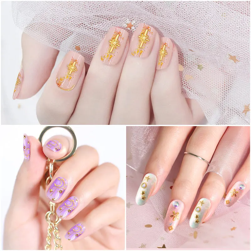 Ellwings 3D золотой цветок Звезда Луна Дизайн заклепки ногтей Блеск Стразы Nail Книги по