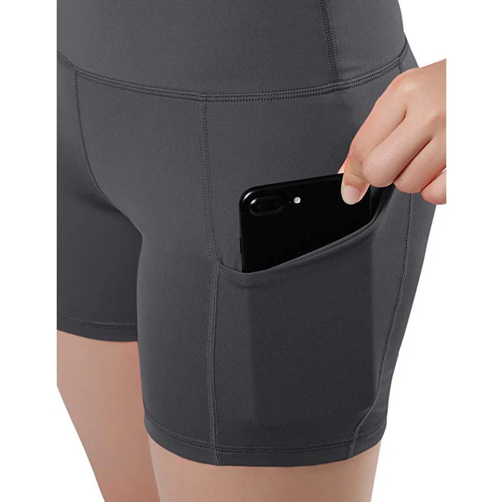 Women Elastic Quick Dry Summer Slim Fit Sports Yoga Shorts With Pocket Soft Gym Solid Sweat Absorbing High Waist Workout Tights