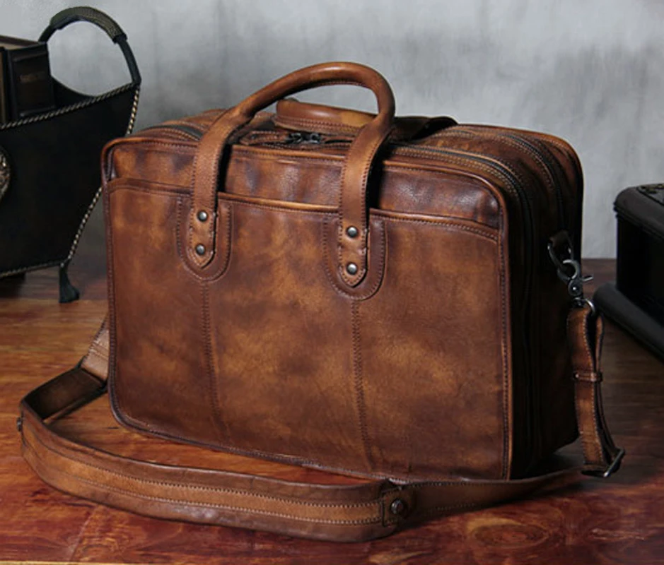 Luxury Vintage Men Genuine Leather shoulder bag Leather messenger bag men crossbody bag male tote handbag large 15.4