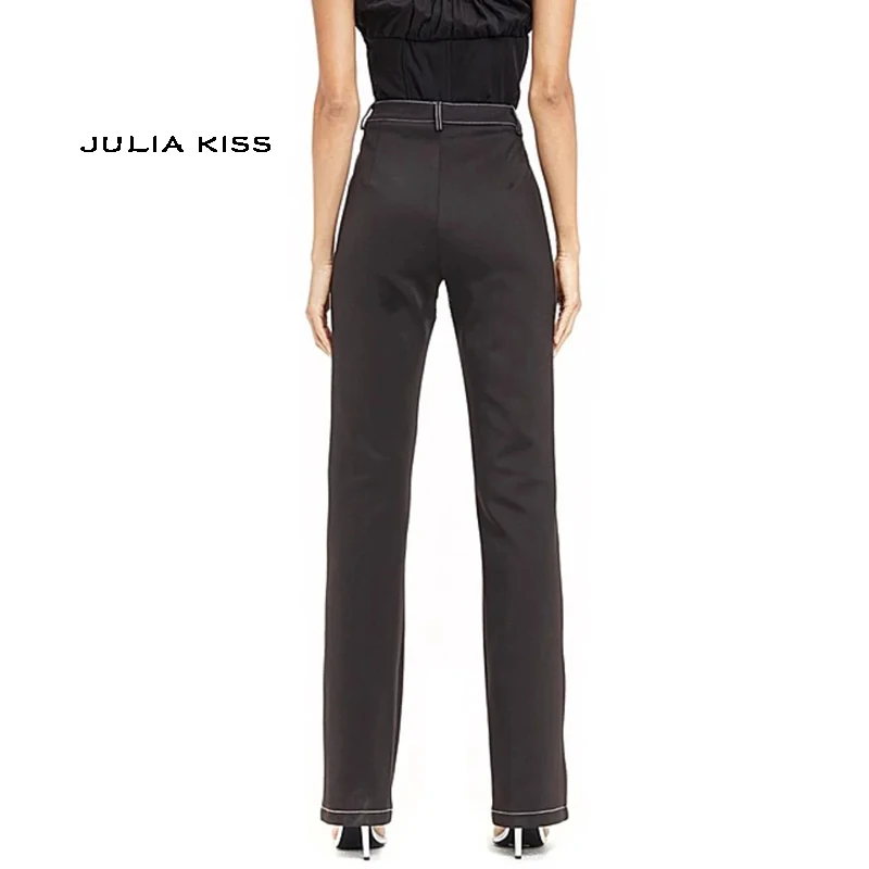 Женские прямые брюки с высокой талией и контрастной строчкой стрейч в полоску