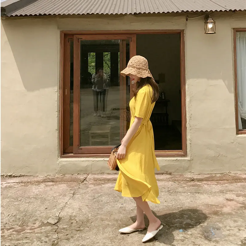 Летняя новая женская одежда, корейское тонкое шифоновое длинное платье с коротким рукавом и v-образным вырезом на талии, желтое женское платье средней длины с поясом