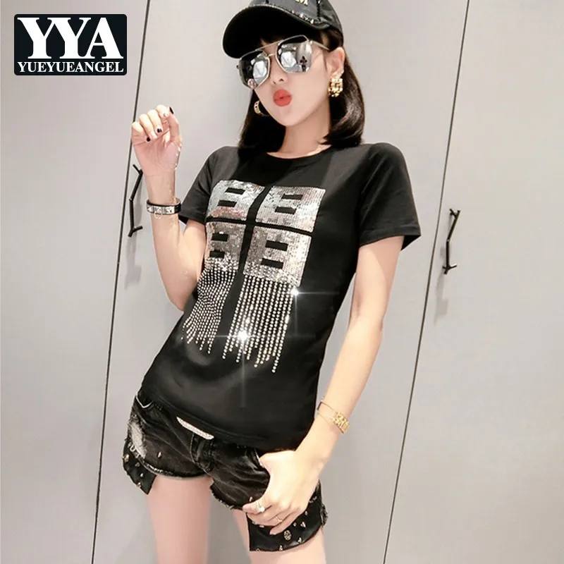 

Fashion Summer New Brand Women Sequins Diamonds Tees Top Short Sleeve O-Neck Pullover Slim Fit Streetwear Casual Female T-Shirts