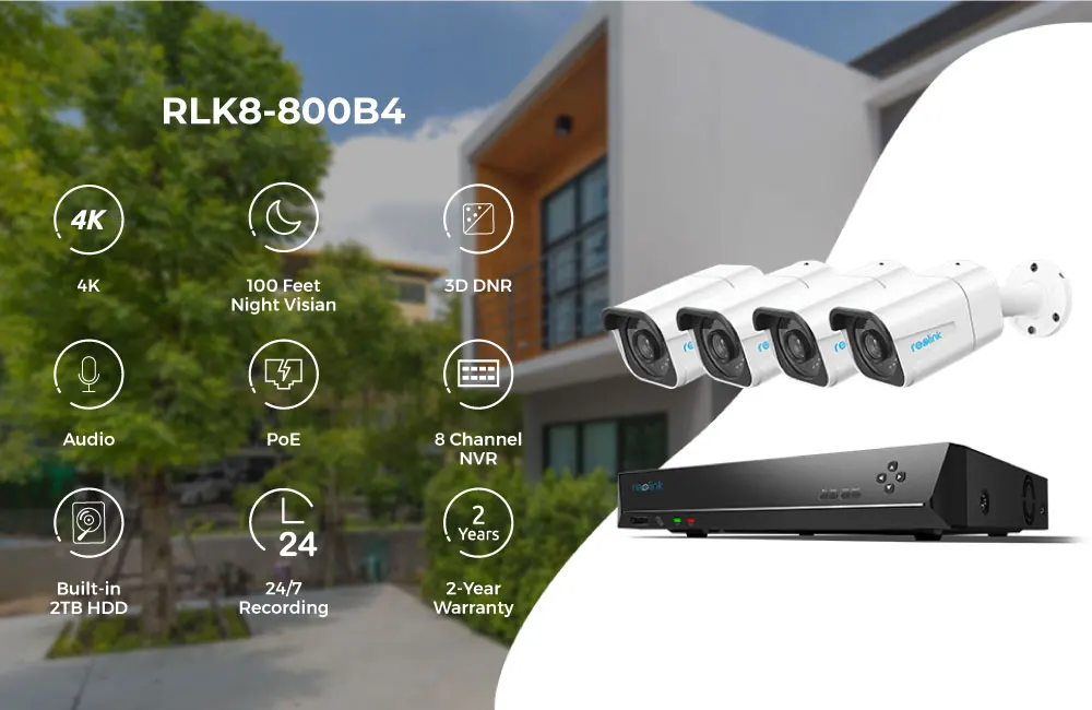 Reolink 8MP 4K Ultra HD камера безопасности системы 8ch PoE NVR и 4 ip-камеры с питанием по PoE наблюдения NVR комплект 2 ТБ HDD RLK8-800B4
