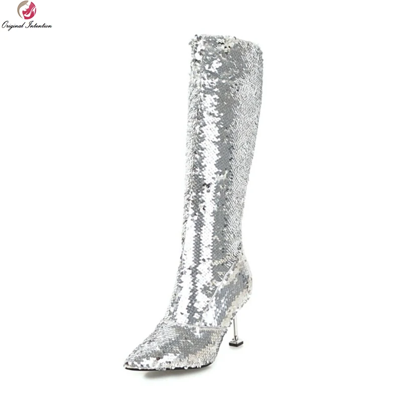 

Original Intention Stylish Women Knee High Boots Nice Pointed Toe Thin High Heels Boots 5 Colors Shoes Woman Plus US Size 3-10.5
