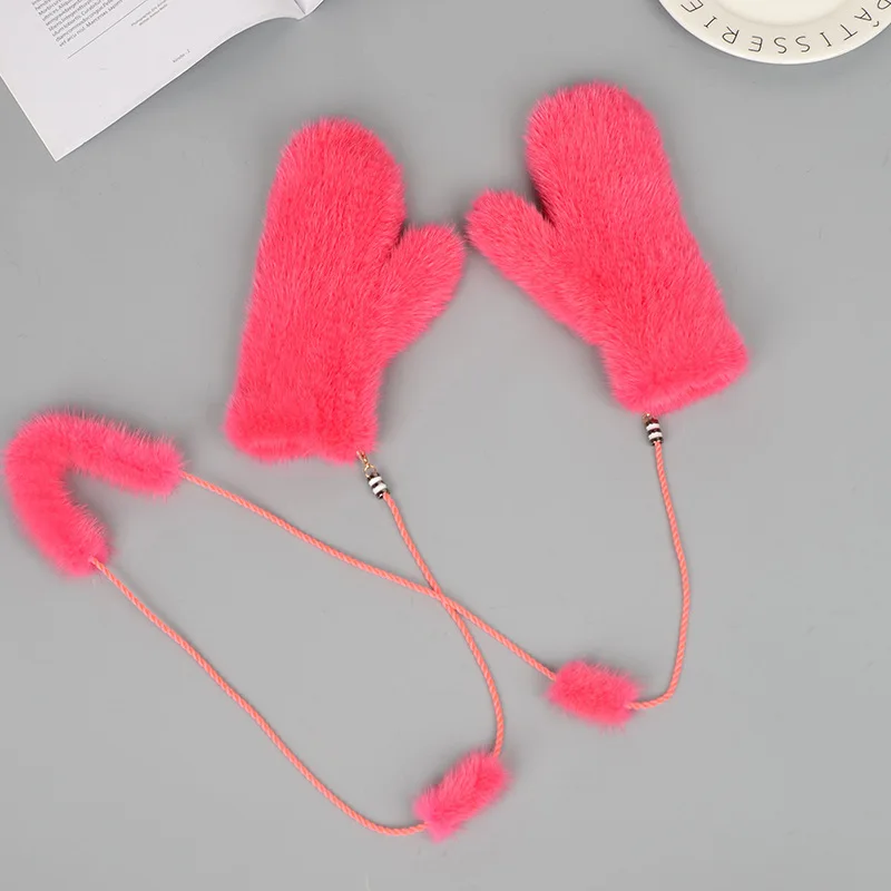 Mink Fur Orange Gloves Women Winter New Korean Version Of The Warm Cute Female Suede Weaving Fingers Fur Gloves - Цвет: Watermelon red