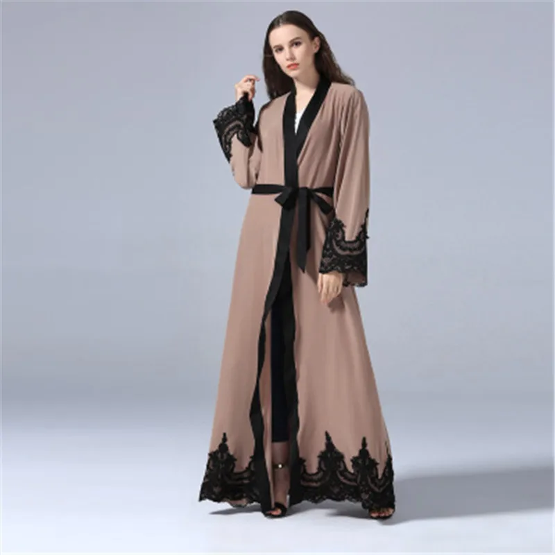 Turkish Dubai Abaya Patchworking Lace Edge Muslim Dress Solid Color Open robe Plus Size Women's Islamic Clothing Casual Dresses |