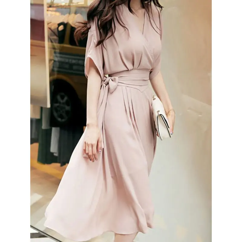 Женское платье в Корейском стиле винтажное однотонное длинное бохо с рукавами