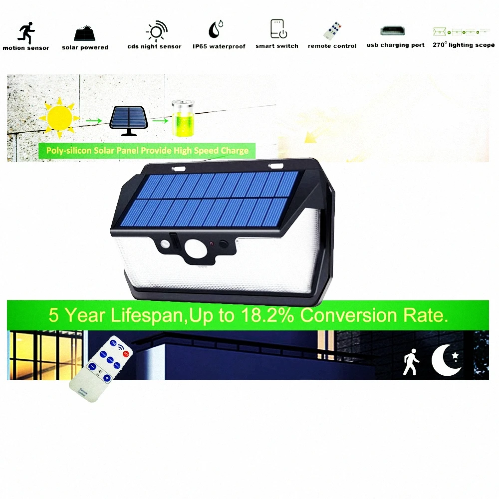 55 leds Solar light remote control radar 3 side lighting usb port ip65 smart led lamp Outdoor Garden street patio yard wa | Освещение