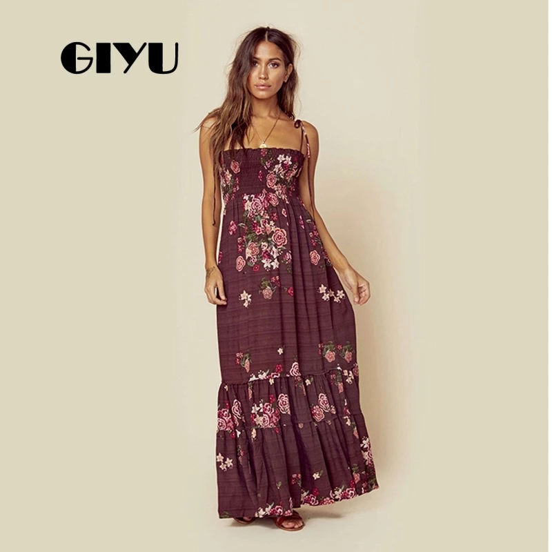 GIYU женское Макси платье с принтом на бретелях длинное Vestido секси галстук-ап