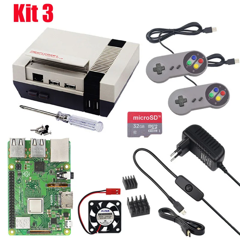 Raspberry Pi 3 Model B + чехол NESPi Plus 2 беспроводных геймпада SD карта 32 ГБ адаптер питания А