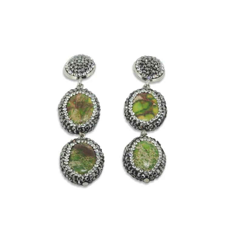 Natural 3 color double oval green blue stone gem beads charm paved rhinstones long drop dangle earring for women | Украшения и