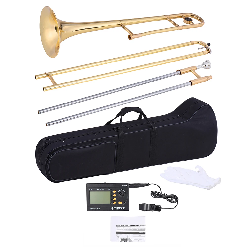 

Tenor Trombone Brass Gold Lacquer Bb Tone B flat with ammoon AMT-01GB 3in1 Metro-Tuner
