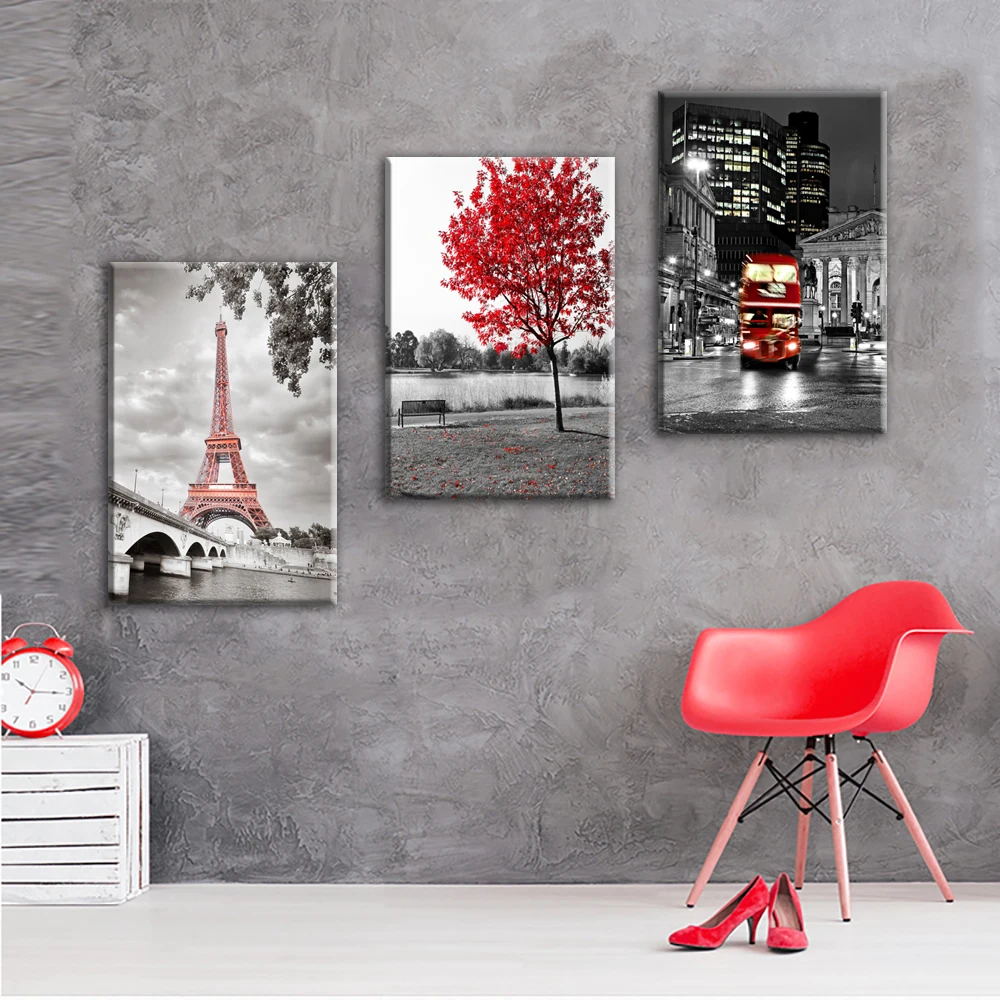 

3 Pieces Red EiffelTower Tree Landscape Wall Art For Living Room Canvas Picture Print Home Decor