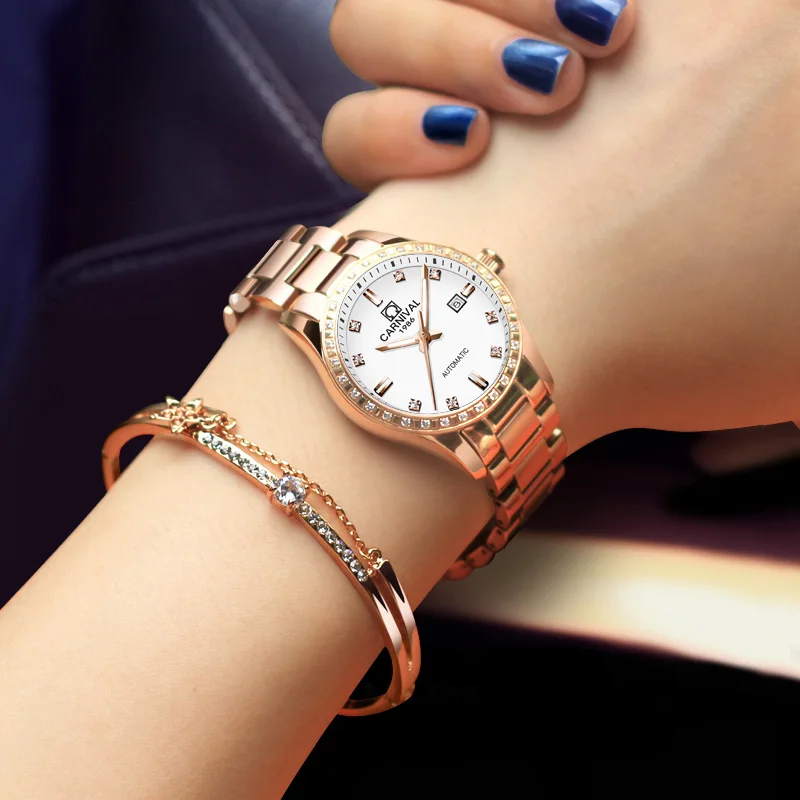 2018 CARNIVAL Rose Gold Crystal Steel Women Watch TopBrand Luxury Fashion Waterproof Luminous Butterfly Buckle relogio feminino | Наручные