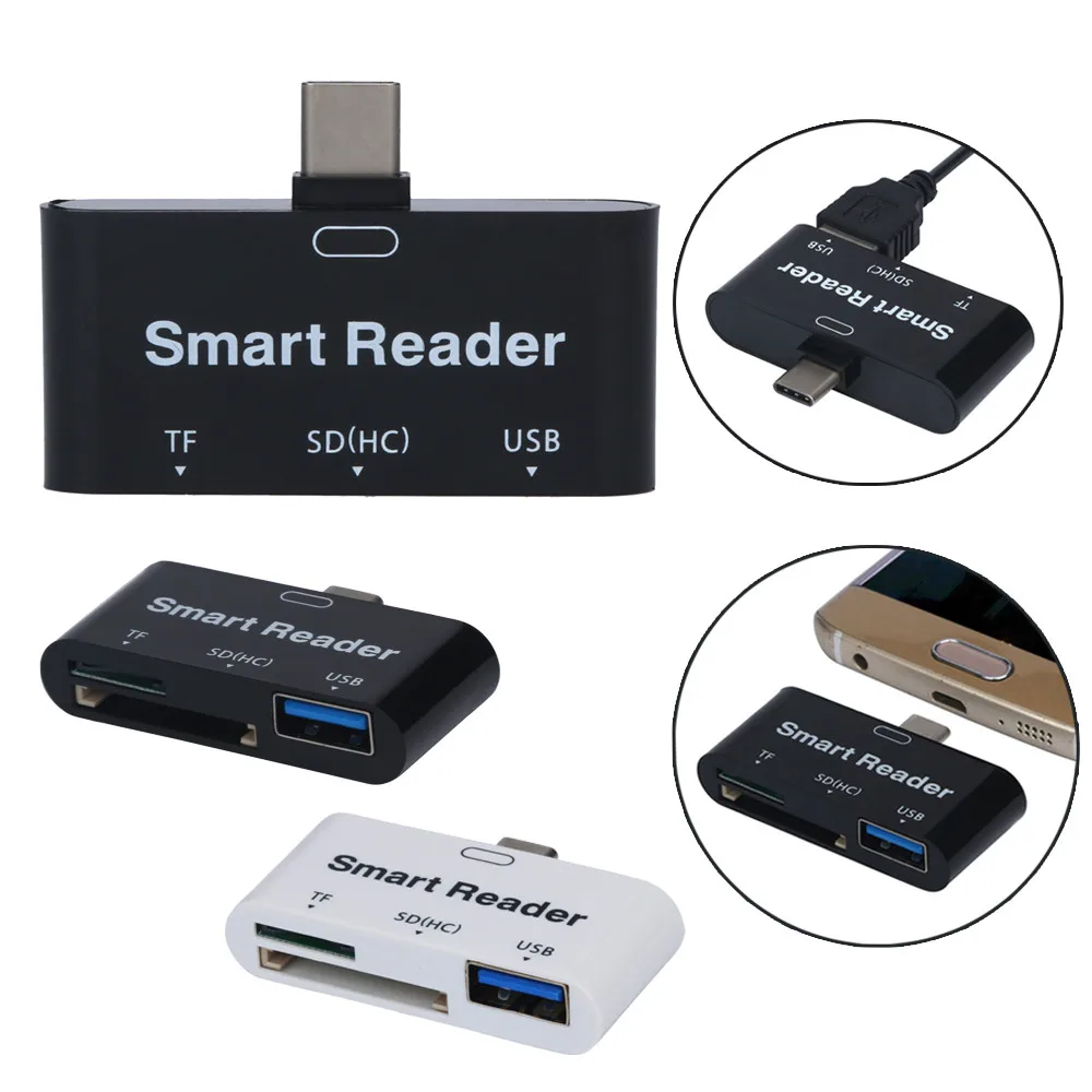Usb type-C OTG Смарт-ридер TF/SD(HC)/USB адаптер(3 в 1)+ Usb кабель очень маленький и легкий, простой в использовании и носить без драйверов