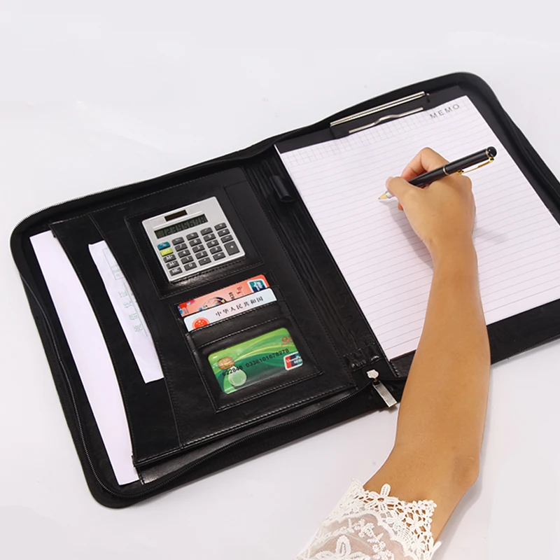 MIRUI Genuine Leather multi-function portable Office zipper bag folders business sales Manager folder Briefcase with calculator |