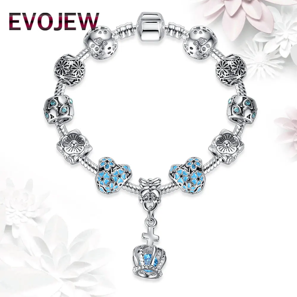 Модные Серебристые 925 Хрустальная корона Шарм Bloom Сердце эмали бисера браслет для