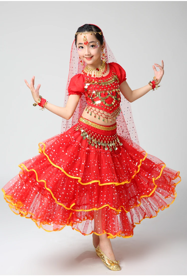 Платье для танца живота девочек детские 3-слойные костюмы с блестками