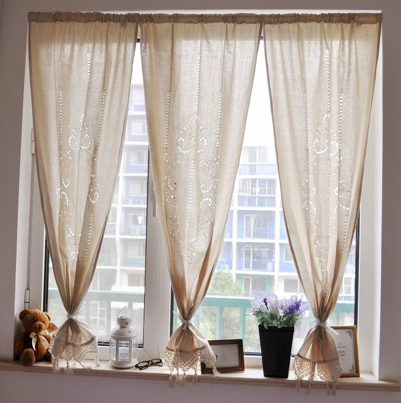 

Free shipping Hollow Lace Tassels String Rustic Kitchen Curtains for Living Room Bedroom Coffee Curtain 65*140cm