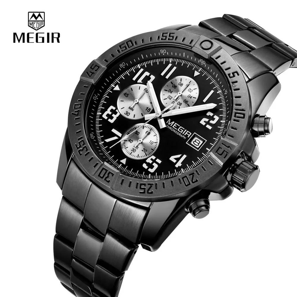 Мужские спортивные часы Megir Роскошные Кварцевые с хронографом из нержавеющей