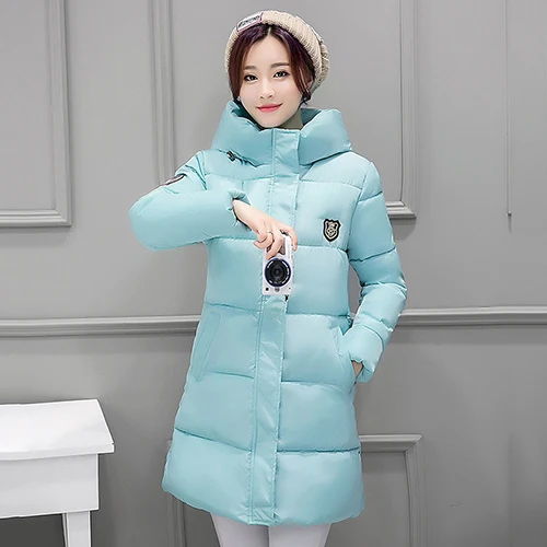 Sky Blue Хлопковые зимние пальто для женщин, модные теплые длинные женские парки, элегантные белые с капюшоном и карманами, Толстая Женская куртка, пальто, новинка, MDR117 - Цвет: Sky Blue