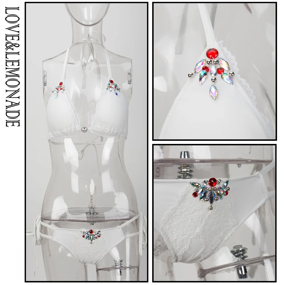 

LOVE & LEMONADE White Two-Pieces Colorful Beaded Lace Decoration Beach Sets LM1033
