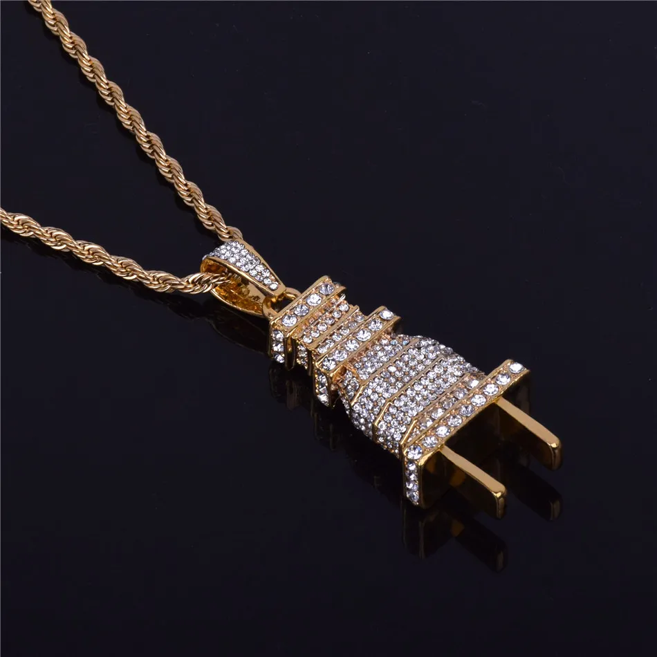 Для Мужчин's со Льдом Bling штекер ожерелье, подвеска из золота цвет серебра талисман микро проложить кольцо со стразами в стиле «хип-хоп» ювелирные изделия