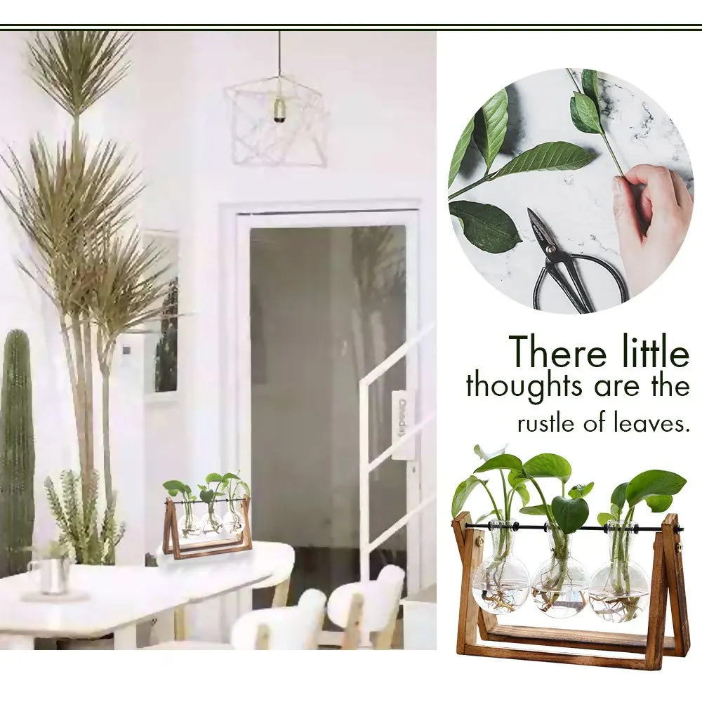 Glass Wood Planter Bulb Vase Terrarium Table Hydroponics Plant Bonsai Flower Pot Hanging Pots Home Decoration with Wooden Tray