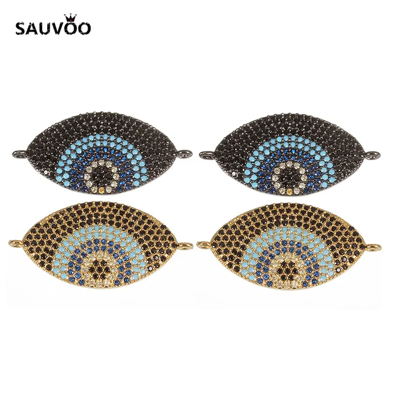 SAUVOO 2pcs/lot Copper Black Gold Color Zircon Crystal Rhinestone Fatima Eye Bracelet Charms Connector 17*33mm DIY Jewelry | Украшения и