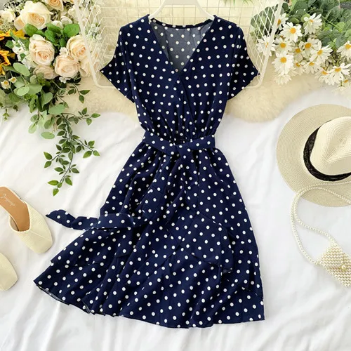 navy Vintage Polka Dot Print V Neck Ruffles Short Bandage Dress Chiffon Summer Party Women Casual High Waist Beach Dresses - Color: navy
