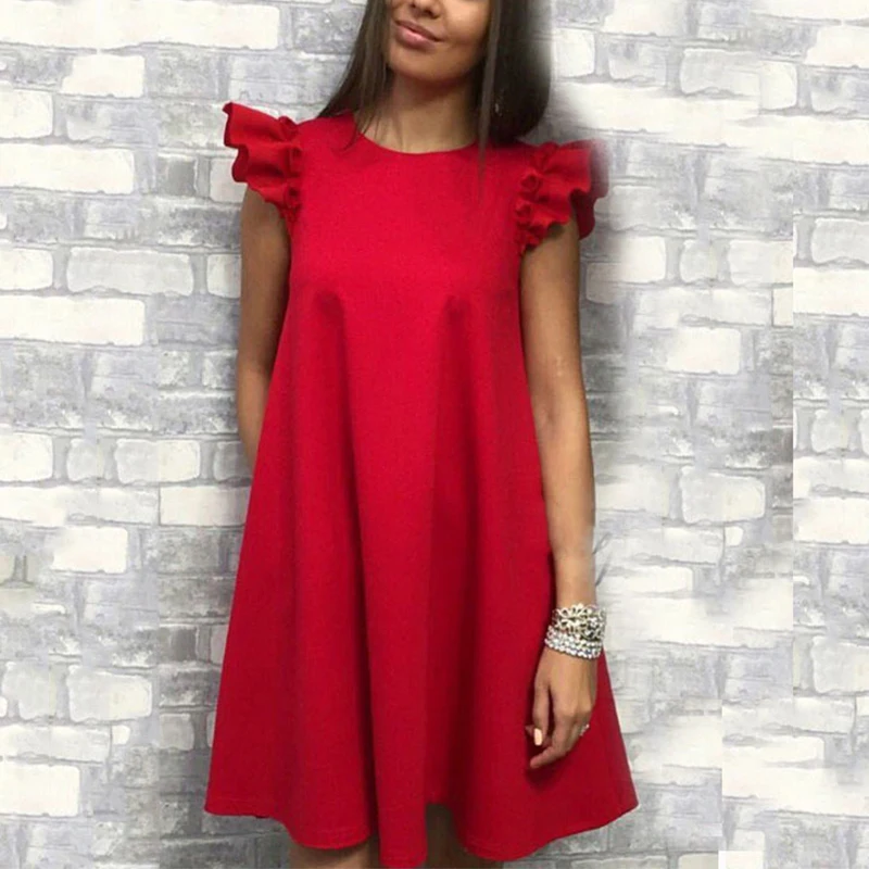 

Women Girls Summer Mini Dress Fashion Ruffles Sleeveless A-line Solid Color Sundress Casual Loose Round Neck Dresses Plus Size