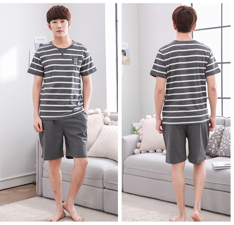 2019 Hot Summer Short Sleeve Cotton Pajama Sets for Men Casual Striped Sleepwear Male Lounge Home Clothes