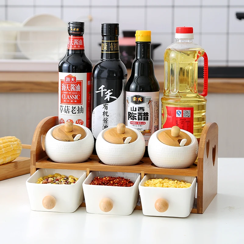 Kitchen Household ceramic seasoning storage rack set glass bottled salt tank jars container juul holder | Дом и сад