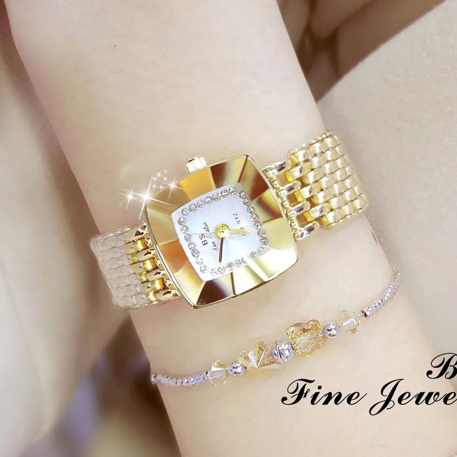 Женские кварцевые часы элегантные квадратные со стразами из стали золотого