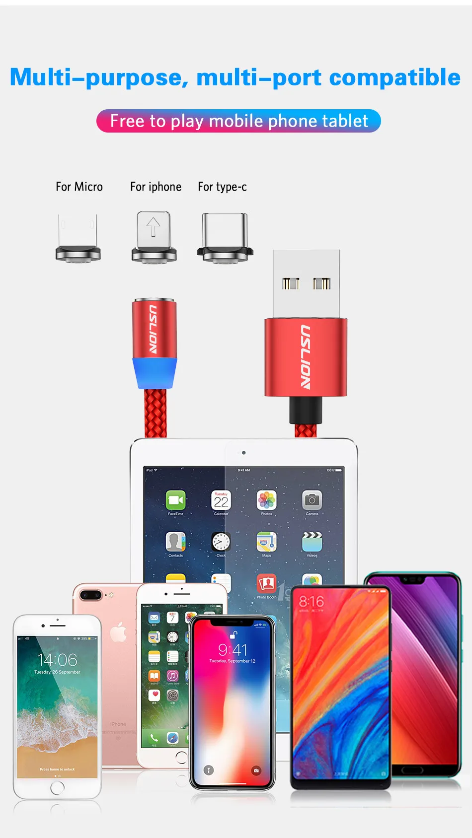 USLION 3а Магнитный usb-кабель для быстрой зарядки типа C микро-кабель с нейлоновой оплеткой Type-C магнитное зарядное устройство для Iphone XS 7 Samsung 1 м